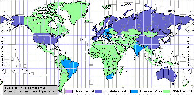 5G field testing, trials, research, development world coverage map - 5G country list
View Map of 4G LTE World Coverage        View Map of GSM World Coverage 